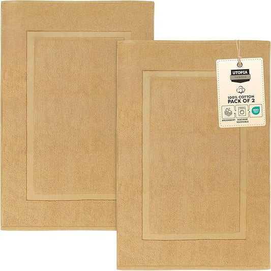Utopia Towels Cotton Banded Rug, Bath Mats, Not a Bathroom Rug, 21 by 34 Inches, 100% Ring Spun Cotton, Highly Absorbent Shower Bathroom Floor Mat, Champagne, 2 Pack