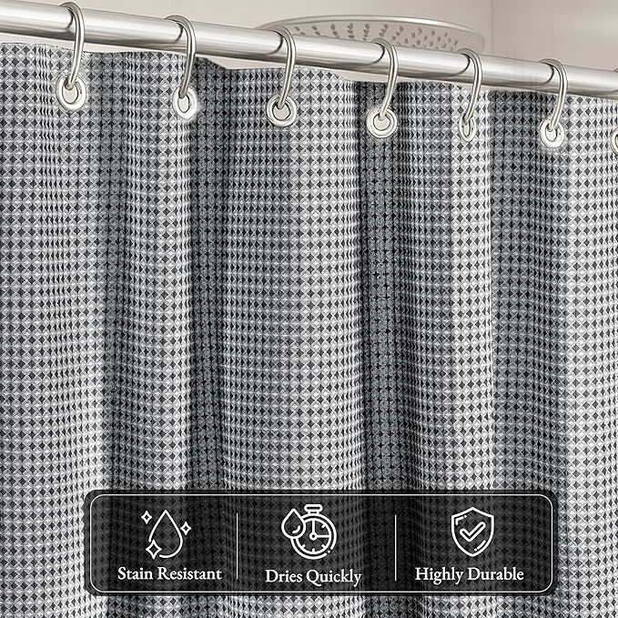 LANE LINEN Waffle Weave Shower Curtain - 72 x 72 inches - Thick Luxurious Fabric with Stable Hanging Design - Water Repellent, Quick Dry & Machine Washable - Top Header with Metal Grommets - Black