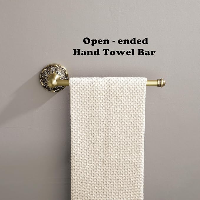 Antique Brass Hand Towel Bar, 12 inch Open-Ended Small Towel Holder Wall Mounted, Vintage Gold Decorative Bathroom Accessories, Brass Petal-Relief Series