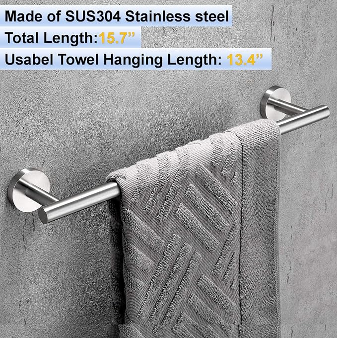 16 Inch Towel Bar 2 Pack for Bathroom 9/12/16/24/28/33 Inch Kitchen Hand Towel Holder Brushed Nickel Stainless Steel 304 RUSTPROOF Wall Mount Towel Rod 2 of Pack (2, Brushed Nickel, 16 Inch)