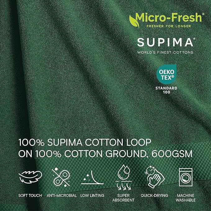 Lacoste Heritage Anti-Microbial Supima Cotton 6-Piece Towel Set, 2 Bath Towels, 2 Hand Towels, 2 Washcloths, Eden – Highly Absorbent & Quick Drying, Bathroom Essential, Machine Washable
