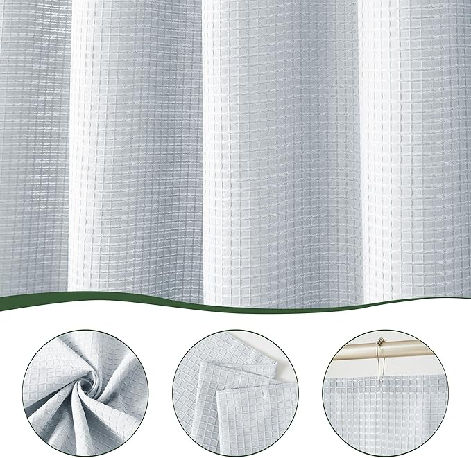 Luxury Waffle Weave Shower Curtain Elegant Hotel Style Fabric for Bathroom, Water Repellent, Machine Washable Light Grey Waffle