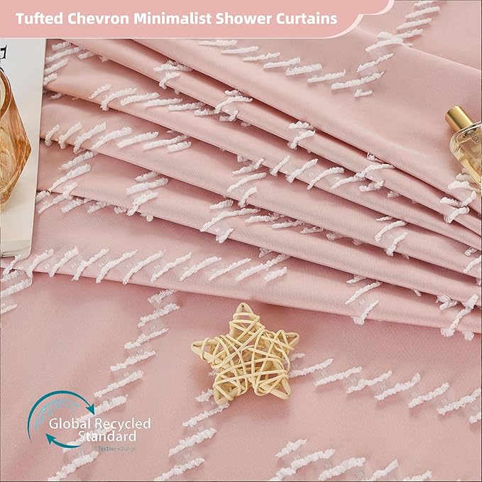 Extra Long Pink Shower Curtain with Tassel, Woven Fabric 90 in, Tufted Chevron Striped, 72 x 90, Modern Chic Textured Minimalist Bathroom