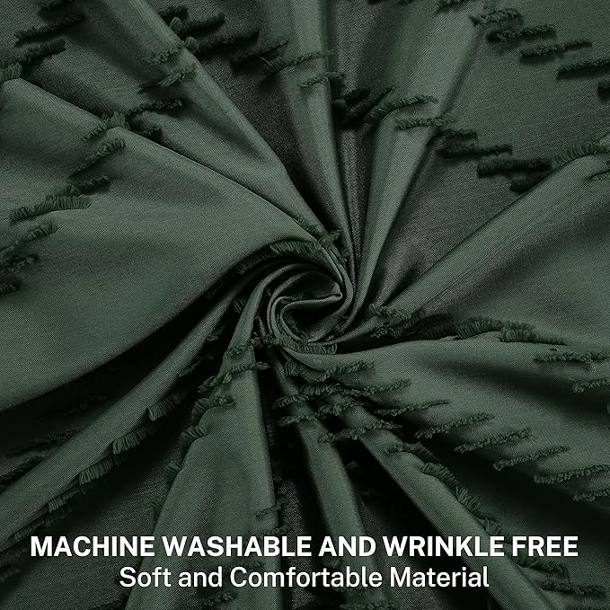 Extra Long Dark Green Boho Shower Curtain with Tassel, Woven Fabric 96 in Shower Curtain, Tufted Chevron Striped, 72 x 96, Modern Chic Textured Minimalist Bathroom Shower